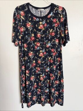 DownEast Navy Floral Midi Dress with Red & Yellow Blooms Flowy Casual Dress